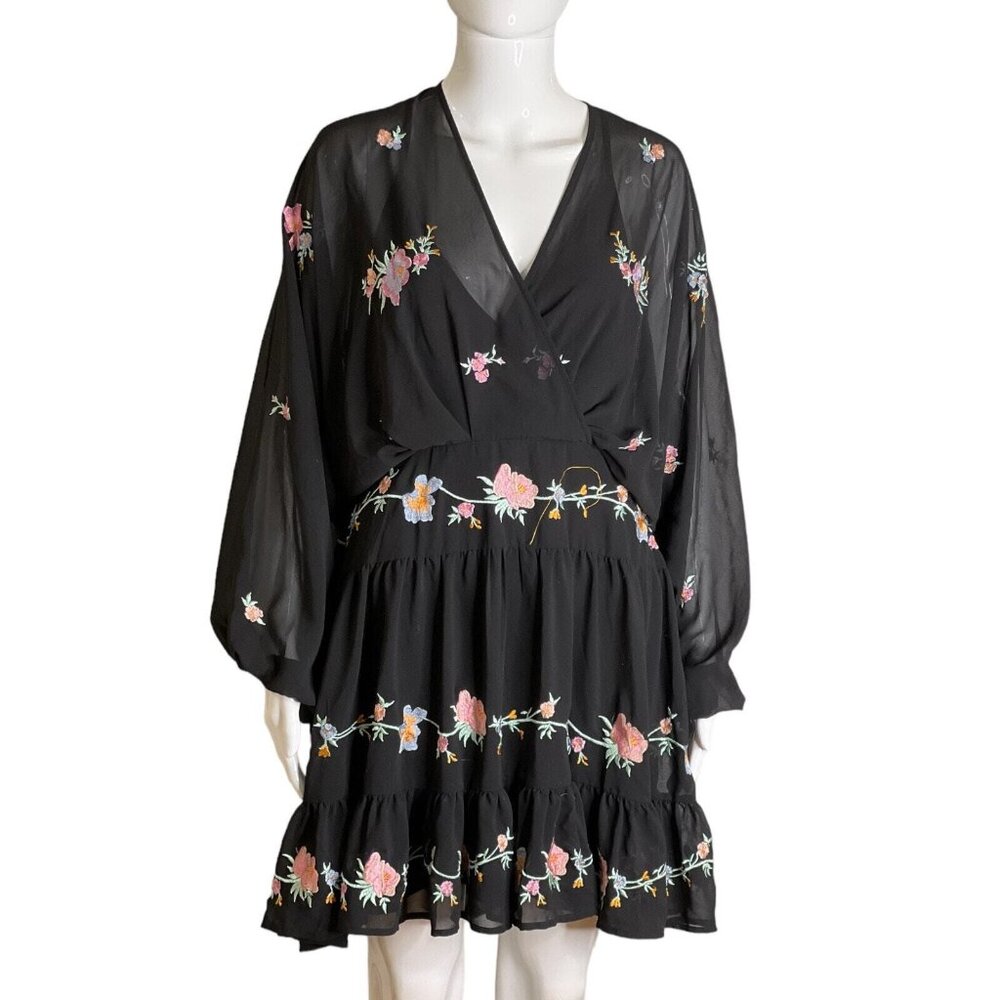 Asos Design Goth Floral 8 Dress long Sleeve 70s black ruffles embroidered Kimono